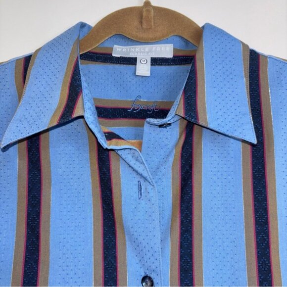 Foxcroft Women’s 12 Blue Striped Shirt Button Front Raised Print Long Sleeve - Picture 5 of 10